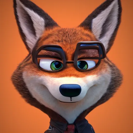 Image similar to portrait, 3 d render, anthropomorphic coyote male, wearing along brown leather jacket, in the style of zootopia, centered on face