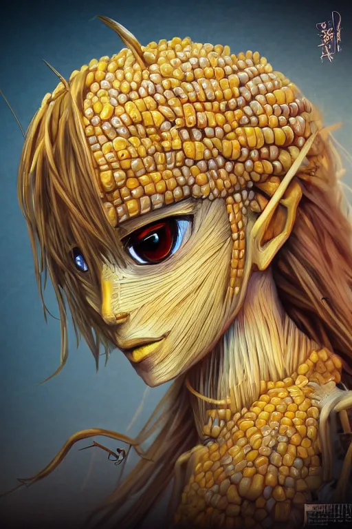 Image similar to a humanoid figure made of corn, highly detailed, digital art, sharp focus, trending on art station, amber eyes, anime art style