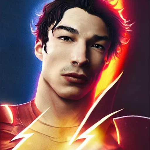 Image similar to ezra miller as flash eat popcorn, light dust, warm lighting, high detailed, artstation