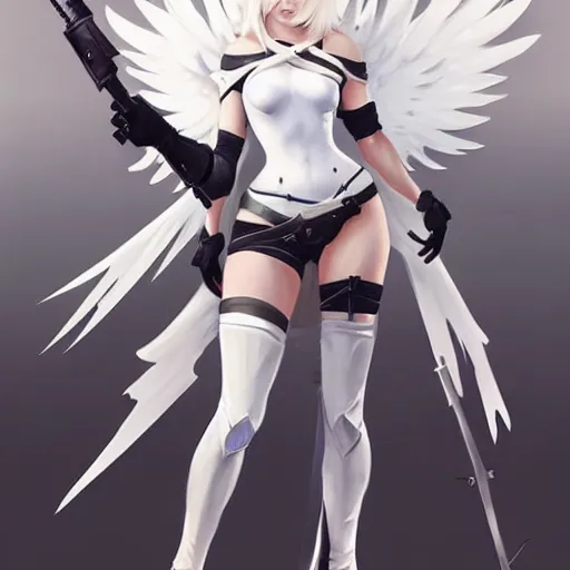 Prompt: greg manchess painting of a 2 yorha type a no. 2 as mercy from overwatch!! in a battlefield fighting, white long hair, large white wings, organic painting, trending on artstation, by huang guangjian and gil elvgren and sachin teng