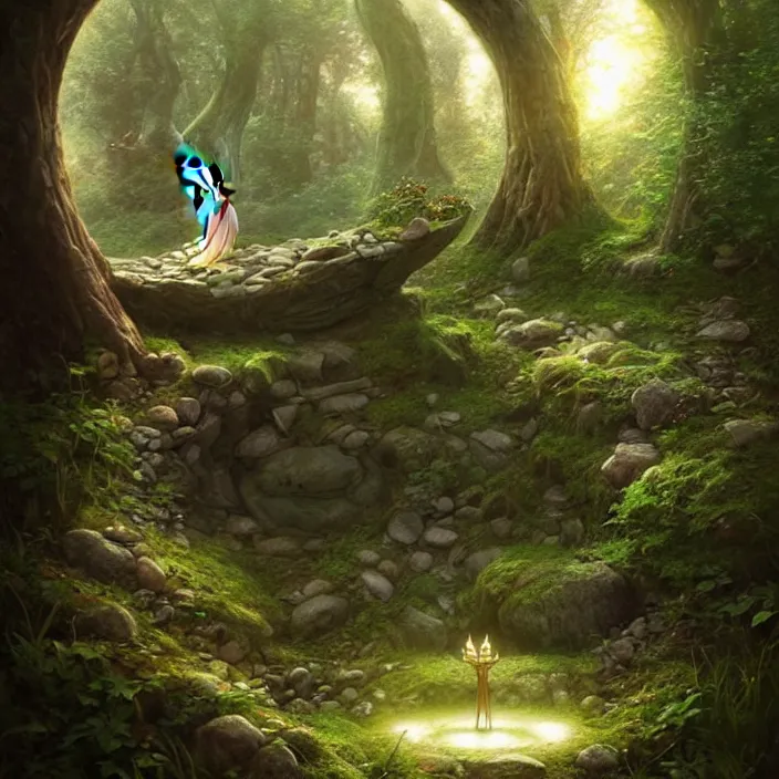 Image similar to Fantasy Magical fairy-tale stone portal in the forest. Round stone portal teleport in trees to other worlds. Fantastic landscape. Magic Altar in the fores, highly detailed, digital painting, artstation, concept art, smooth, sharp focus, illustration, art by artgerm and greg rutkowski and alphonse mucha