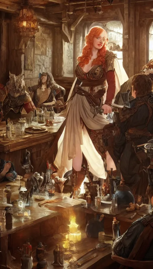 Prompt: young christina hendricks in a tavern, warhammer, lord of the rings, sweaty, strong, sword, intricate, highly detailed, digital painting, artstation, concept art, smooth, sharp focus, illustration, unreal engine 5, 8 k, art by artgerm and greg rutkowski and alphonse mucha