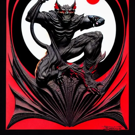 Image similar to medium gargoyle soft light, by bernie wrightson and joe fenton and jack gaughan, inspired art deco, black and red only, fine, sharp high detail,