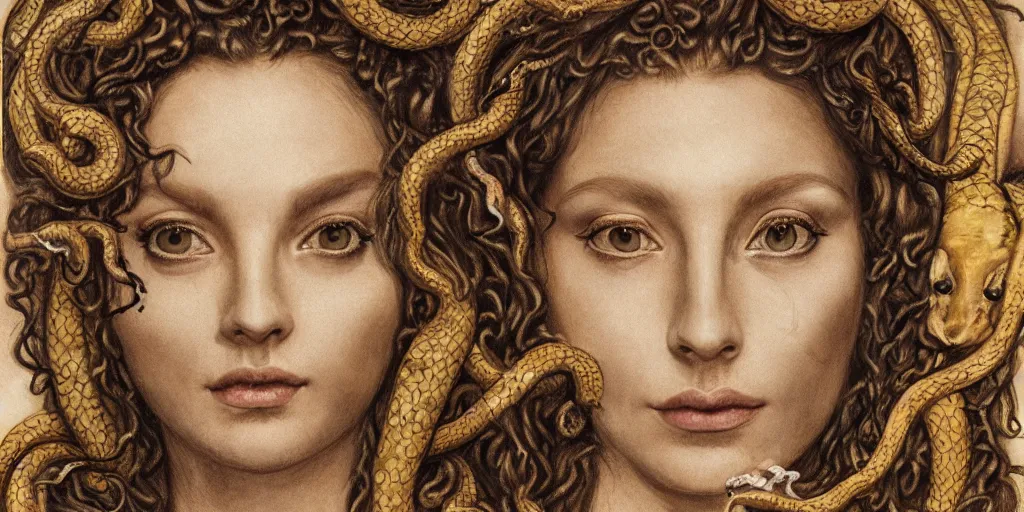 Image similar to realistic portrait of medusa with her snakes, golden, delicate, hyper realism, 1 4 5 0, ink, ultra realistic, 8 k