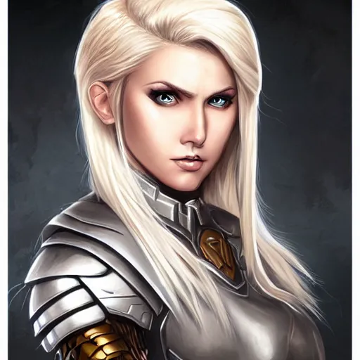 Prompt: a d & d portrait of a tough armored woman, blonde hair, rpg character, gloomy colors, muted colors, by artgerm