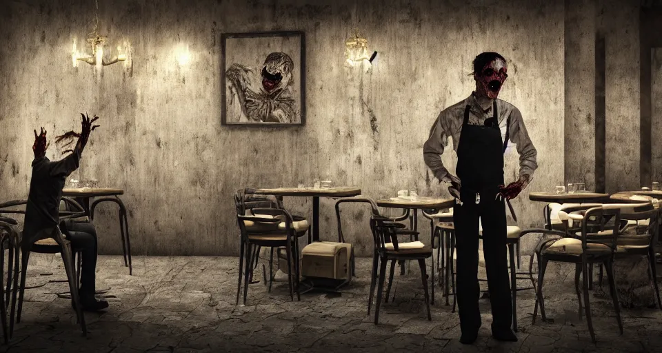 Prompt: waiter angry zombie, detailled portrait, restaurant interior, feeling of grimdark horror, daytime, high contrast, ultra intricate detailed, octane render, unreal engine