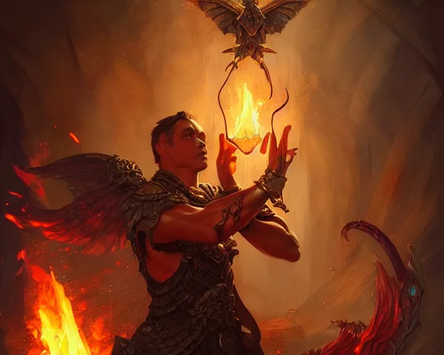 Image similar to handsome tattooed gym fire mage firebreath magic spell vfx, diagonal spell vfx, fantasy game spell, fantasy epic painting by artgerm, gaston bussiere, craig mullins, j. c. leyendecker, tom of finland