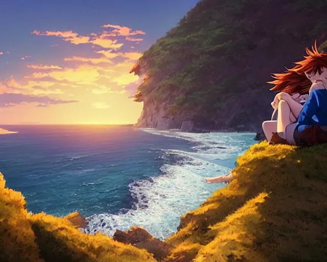 Prompt: a boy with brown hair and a girl with auburn hair sitting together on a cliff overlooking the ocean. Blue sea,, cliffside, sunset, atmospheric lighting, romantic, girl has long auburn hair. By Makoto Shinkai, Stanley Artgerm Lau, WLOP, Rossdraws, James Jean, Andrei Riabovitchev, Marc Simonetti, krenz cushart, Sakimichan, D&D trending on ArtStation, digital art.