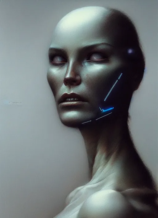 Image similar to portrait of a cyborg girl by Zdzisław Beksiński, dramatic lighting, highly detailed, trending on artstation