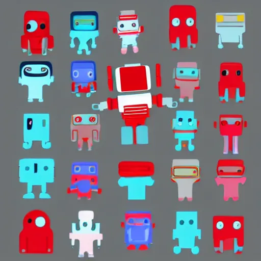 Prompt: whimsical gender - neutral robot flat illustration sag clipart sticker, concept graphic design for robotic toy vector illustrator, surface design motif, black and red and teal blue on white matte paper background 4 k,