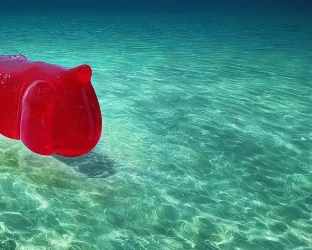 Image similar to a giant sculpture of a giant gummy bear on the surface of the ocean, award winning, hyper - realistic, very detailed, realistic water, ray tracing, 8 k resolution, long - shot, sharp focus, low angle, 8 5 mm photograph, wide lens