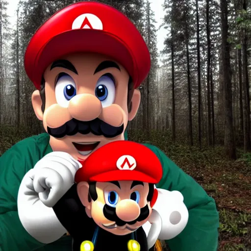 Image similar to italian man with a mustache dressed as mario wearing a solid red mario hat drooling, eyes rolled back, looking at red mushroom with white spots, in a forest