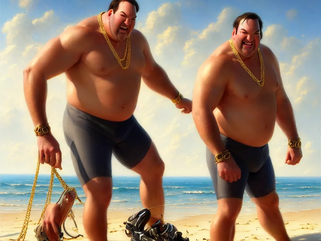 Image similar to super muscular kevin malone wearing cycling shorts and gold chains laying on the beach, elegant, real life skin, intricate, high detailed, artstation, concept art, smooth, sharp focus, art by artgerm and greg rutkowski