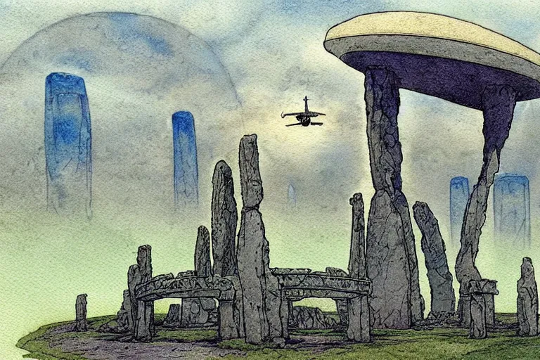 Image similar to a realistic and atmospheric watercolour fantasy concept art of a ufo landing in a floating stonehenge. one dirty medieval monk in grey robes is on his knees praying to the ufo. muted colors. by rebecca guay, michael kaluta, charles vess and jean moebius giraud