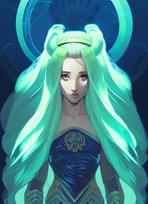 Image similar to style artgerm, joshua middleton, illustration, ariana grande as a high priestess wearing green pelt light armor, anime eyes, blue hair, swirling water cosmos, fantasy, dnd, cinematic lighting