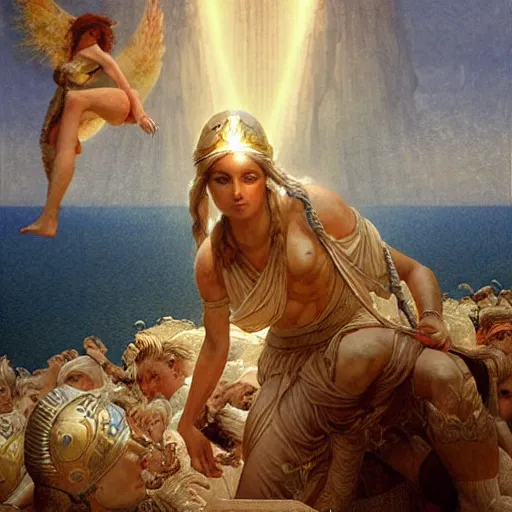 Prompt: Birth of Athena from the head of Zeus, hyperrealism, no blur, 4k resolution, ultra detailed, style of Greg Rutkowski, Carlos Schwabe, Dragan Bibin, Carl Spitzweg, Georges Desvallières, Tyler Edlin, Frank Frazetta