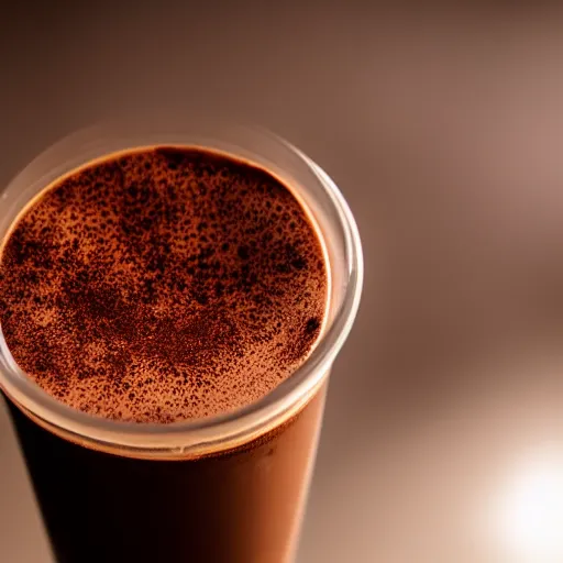 Prompt: food photography of hot chocolate drink in tall glass with cream on top and cocoa powder, canon macro lens, moody lighting, hdr