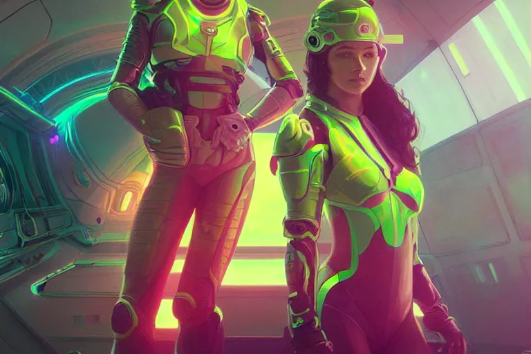 Image similar to Good looking young women wearing neon coloured armour suits in a space station, elegant, intricate, retrofuturistic digital painting, artstation, concept art, smooth, sharp focus, illustration, art by artgerm and greg rutkowski and alphonse mucha