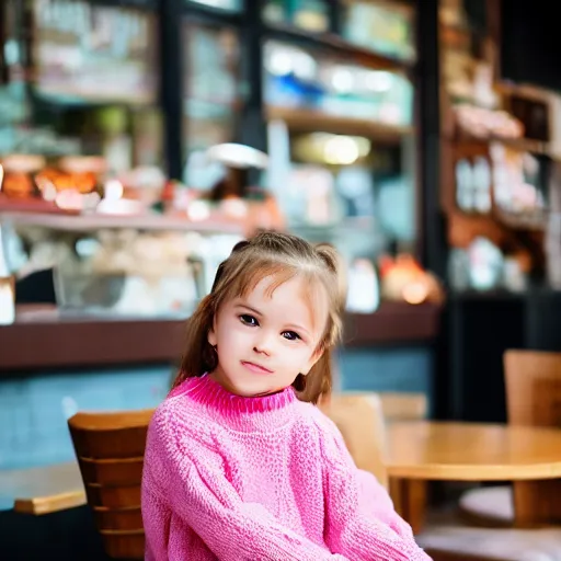 Prompt: cute girl in a pink sweater with a teddy bear sits in a cafe photo, medium shot, 8 5 mm