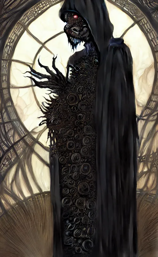 Image similar to Defaced creature wearing a black robe, it's face has been replaced by a fractal singularity of shifting patterns. fantasy, highly detailed, digital painting, artstation, concept art, smooth, sharp focus, illustration, art by artgerm and greg rutkowski and alphonse mucha