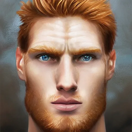 Image similar to 2 4 - year - old man, masculine face, hyper masculine features, very tall and muscular, extremely pale skin, square jaw, ginger hair, sapphire blue eyes, hyper realistic face, beautiful eyes, highly detailed, digital painting, smooth, sharp, strong face, expressive eyes, medium long wavy ginger hair, art by greg rutkowski and alex gray