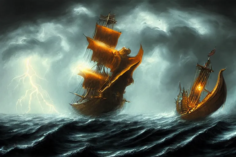 Image similar to giant kraken attacking a pirate sail boat, storm, lightning, rain, fantasy, horror