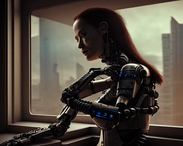 Image similar to portrait of an armored female with biomechanical cybernetic body who is drinking coffee near a window looking outside with dystopian city visible outside. very detailed 8 k. cyberpunk fantasy style. unreal engine render. global illumination. nanite. rtx. path tracing.