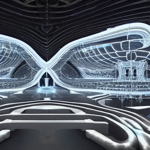 Prompt: a futuristic highly detailed temple to artificial intelligence designed by zaha hadid, humans pointing at a statue of an ai cyborg resembling athena, glowing lights, immersive experience, panoramic view, unreal engine