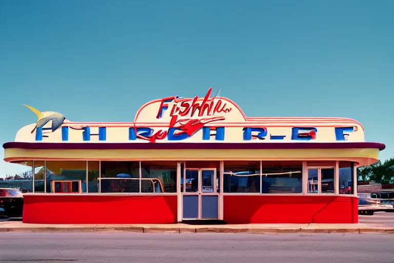 Prompt: 1 9 8 5 fish themed classic american diner, googie architecture, two point perspective, americana, fishcore, restaurant exterior photography, hd 8 k, taken by alex webb