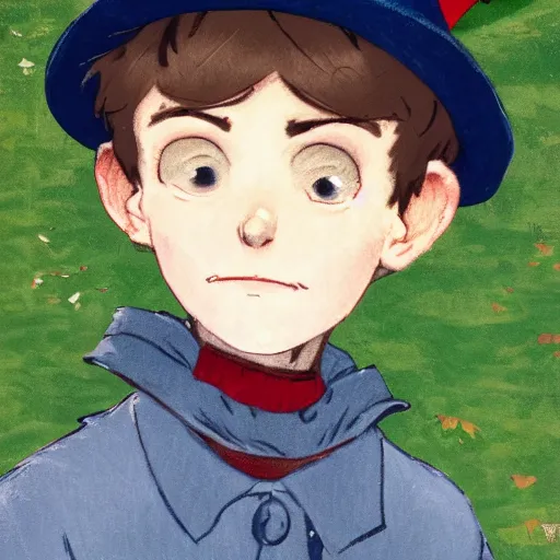 Prompt: super close up portrait of wirt from over the garden wall. a 1 6 years old gloomy awkward boy with big brown eyes and shaggy brown hair wearing a red dunce hat and a blue navy cape, standing in the forest, norman rockwell, bouguereau