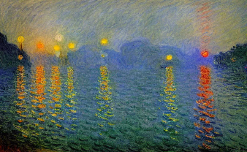 Prompt: a beautiful impressionist painting of the Nainital Lake on a rainy night by Claude Monet, masterpiece, trending on Artstation, HD, superhresolution