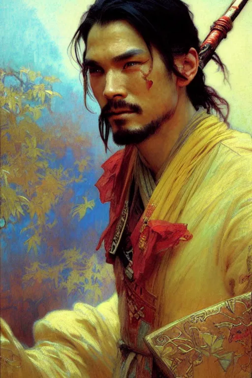 Image similar to attractive man, wuxia, colorful, painting by gaston bussiere, craig mullins, greg rutkowski, alphonse mucha