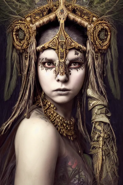 Image similar to A masterpiece ultrarealistic portrait of a Irristible angel princess tribal-shaman-knight-witch-ghost with Skull Iron mask. baroque renaissance girl in the night forest. medium shot, intricate, elegant, highly detailed. trending on artstation, digital art, by Stanley Artgerm Lau, WLOP, Rossdraws, James Jean, Andrei Riabovitchev, Marc Simonetti, Yoshitaka Amano. background by James Jean and Gustav Klimt, light by Julie Bell, 4k, porcelain skin.