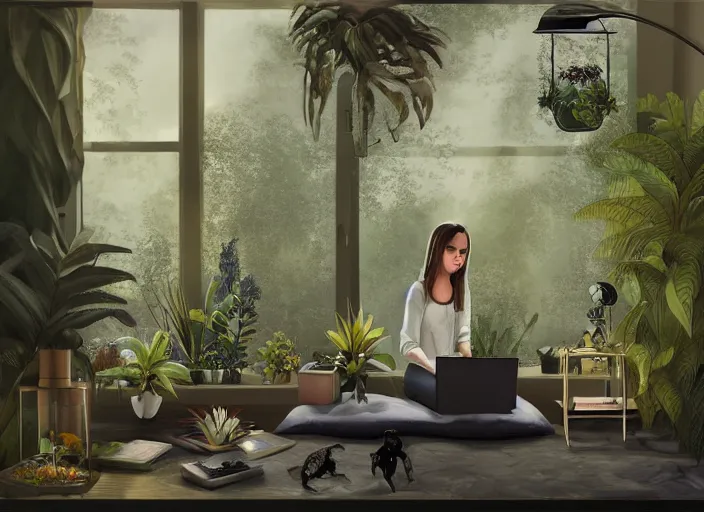 Prompt: a digital realistic and mysterious painting of a girl sitting in her room researching on her computer surrounded by terrariums with reptiles inside. dim lighting coming from her computer screen