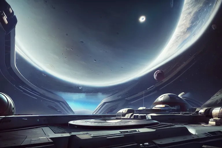 Image similar to exterior shot of a space base with a huge windows in orbit of a planet, you can see the planet below clearly, the planet is warm with canyons, sharp focus, concept art, very detailed, very realistic, trending on artstation, in the style of star citizen, star wars, overwatch, elite dangerous, beautiful, sci fi, cinematic shot, great composition