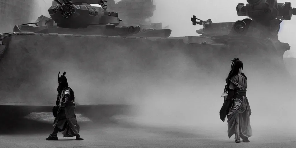 Prompt: modern chicago streets, elegant female samurai ninja, with large sword, open exposed back, wide leg hakama trousers, approaches a biomechanical organic military tank ww 2 mech robot, boss fight, black and white, cinematography, movie, fog, atmospheric perspective, by akira kurosawa,