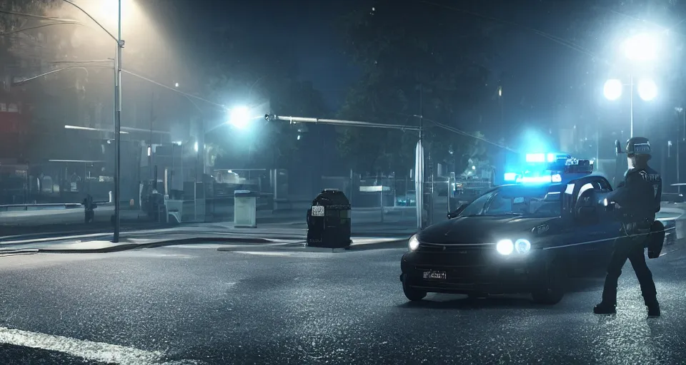 Image similar to octane render, unreal engine, man getting arrested by police, police car in background with bright police sirens, lens glare, dramatic lighting, cinematic, establishing shot, extremely high detail, photo - realistic, cinematic lighting