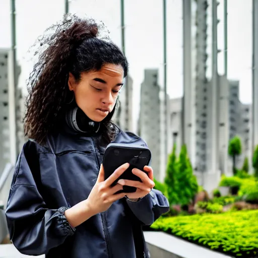 Image similar to candid photographic portrait of a poor techwear mixed young woman using a flip phone inside a dystopian city, closeup, beautiful garden terraces in the background, sigma 85mm f/1.4, 4k, depth of field, high resolution, 4k, 8k, hd, full color