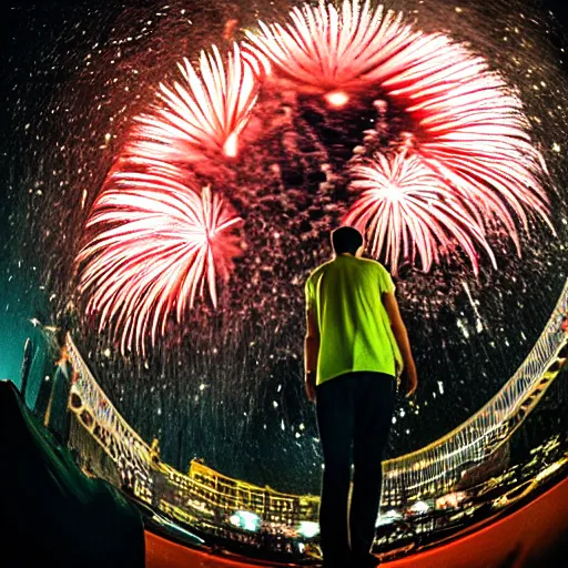 Image similar to Fisheye lens photograph taken 1 inch from a handsome man's face as he smiles widely fireworks in the background