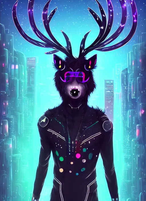 Image similar to award winning beautiful portrait commission of a male furry anthro Black Reindeer cyberpunk fursona with a tail, wings, wings, wings and a cute beautiful attractive detailed furry face wearing stylish black and rainbow galaxy clothes, outline, in a cyberpunk city at night while it rains. Character design by charlie bowater, ross tran, artgerm, and makoto shinkai, detailed, inked, western comic book art