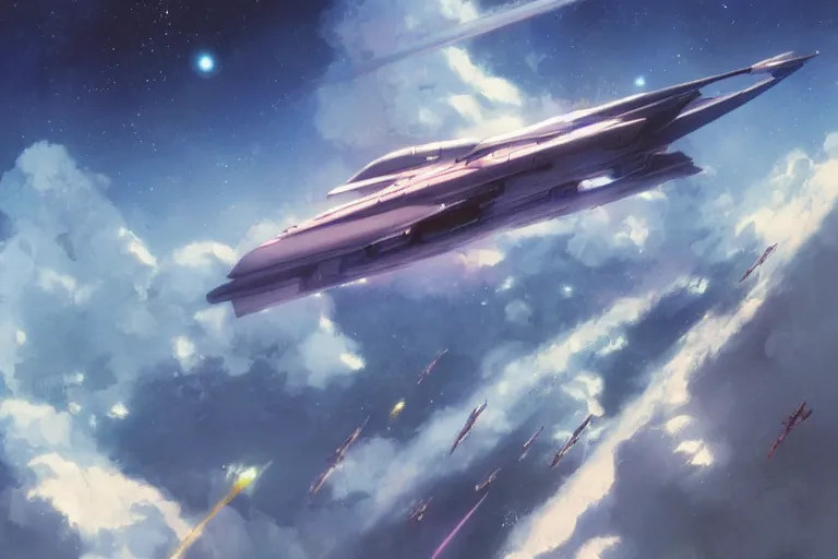 Image similar to 2 0 0 1 space odyssy space fighter jet in orbit by greg rutkowski makoto shinkai takashi takeuchi studio ghibli, akihiko yoshida