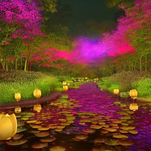 Prompt: photorealistic beautiful lotus blossom forest at dusk with paper lanterns illuminating a cobblestone pathway. hyperdetailed photorealism, 1 0 8 megapixels, koi pond, amazing depth, glowing rich colors, powerful imagery, psychedelic overtones, 3 d finalrender, 3 d shading, cinematic lighting, artstation concept art