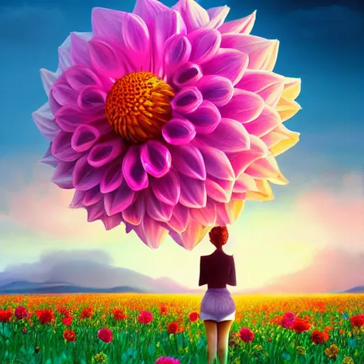 Image similar to giant dahlia flower head, full body girl standing in a flower field, surreal photography, sunrise, dramatic light, impressionist painting, colorful clouds, digital painting, artstation, simon stalenhag