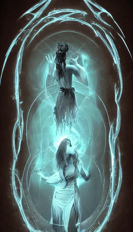 Prompt: goddess of illusion, beautiful, stunning, breathtaking, mirrors, glass, magic circle, magic doorway, fantasy, mist, bioluminescence, hyper - realistic, unreal engine, by jhonen vasquez