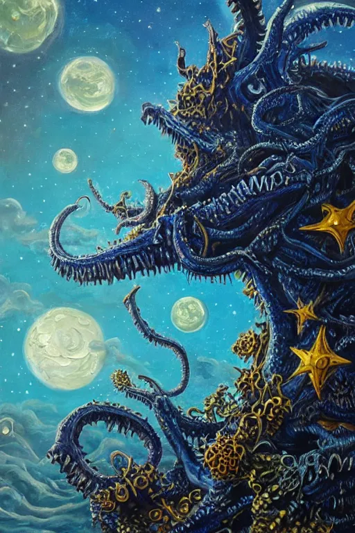 Image similar to oil painting, close-up, hight detailed, giant lovecraftian monster with flowers everywhere beneath night stars mixed with blue sky, in style of 80s sci-fi art, neodada