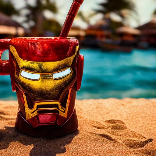 Prompt: a closeup photorealistic photograph of an iron man style trader vic's tiki mug at the beach bar. bright scene. fine detail. this 4 k hd image is trending on artstation, featured on behance, well - rendered, extra crisp, features intricate detail, epic composition and the style of unreal engine.