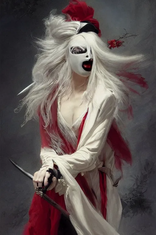 Prompt: a vampire with long light white hair and a red scarf, wearing a black mask over her mouth, windy, ribbons, melancholic, modern maximalist fashion dress, is ( ( holding a sword ) ). light dust, magnificent, hyperdetailed, theatrical, painted by jean honore fragonard and greg rutkowski