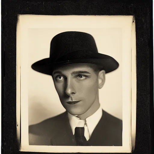 Image similar to a black and white photo of a man wearing a hat, a character portrait by george hurrell, featured on flickr, mannerism, studio portrait, chiaroscuro, 1 9 2 0 s