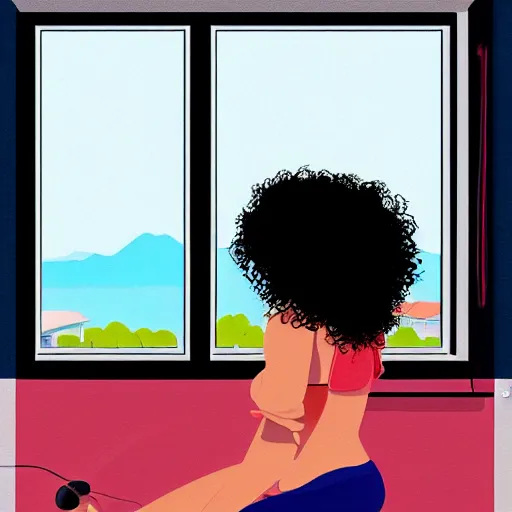 Image similar to black girl, curly hair, with headphones, studyng in bedroom, window with rio de janeiro view, lo-fi illustration style, digital art, alive colors