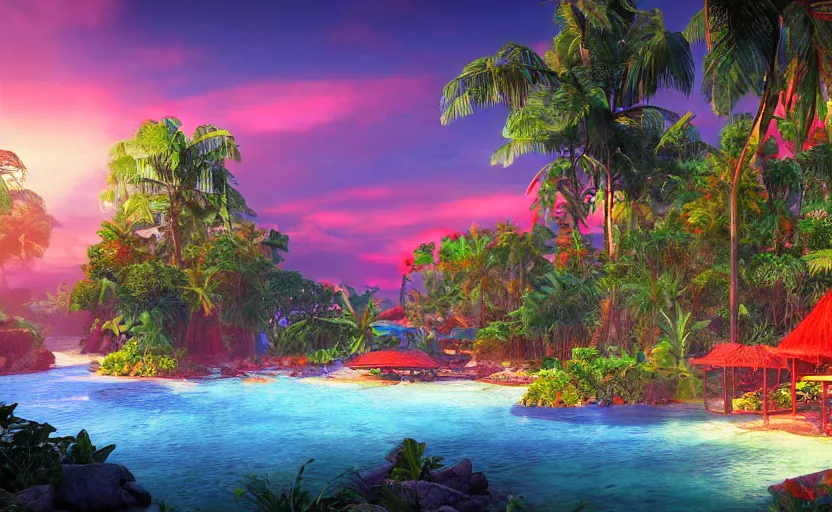 Image similar to a tropical resort in a jungle paradise, with a beautiful red and blue sunset, dynamic lighting, photorealistic fantasy concept art, trending on art station, stunning visuals, creative, cinematic, ultra detailed, ray tracing, sun rays